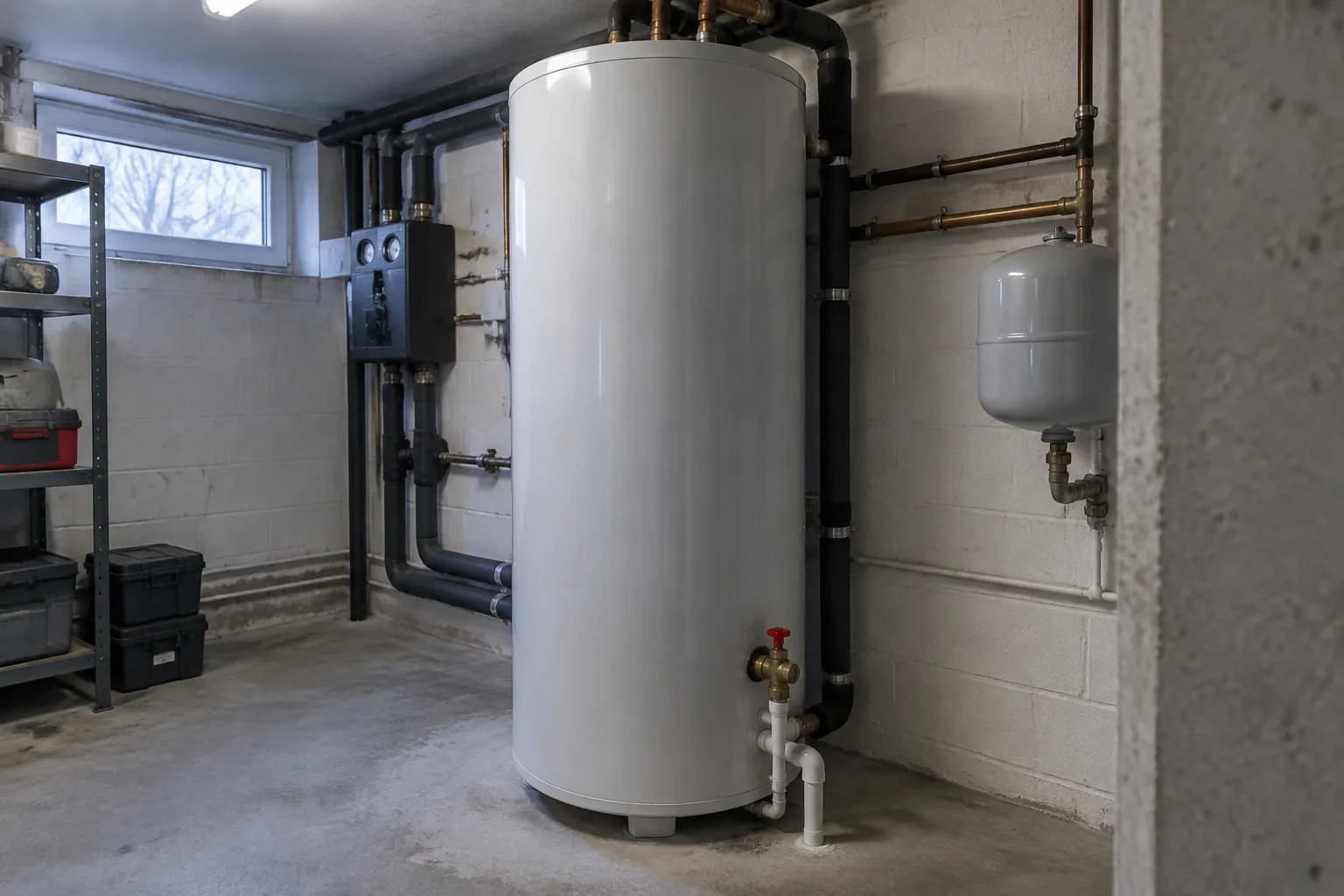 Ballon d'eau chaude sanitaire vertical dans un local technique de maison, raccords isolés et vase d'expansion sur le mur