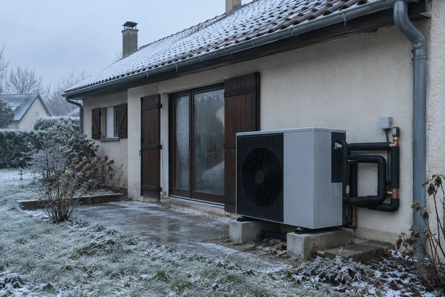 Façade arrière d'une maison individuelle par un matin de gel, unité extérieure de pompe à chaleur posée sur plots le long du mur