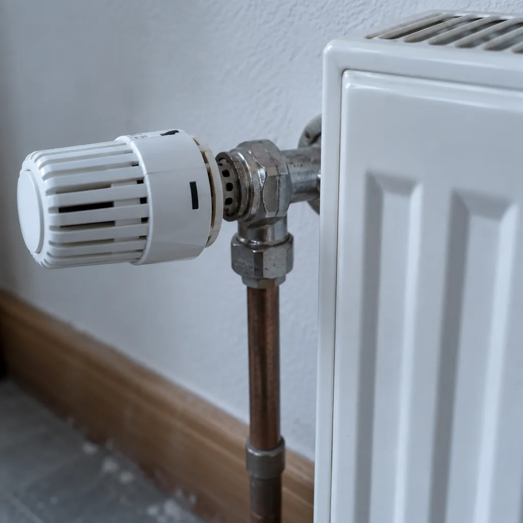 Vanne thermostatique blanche montée sur le raccord cuivre d'un radiateur en acier à panneau